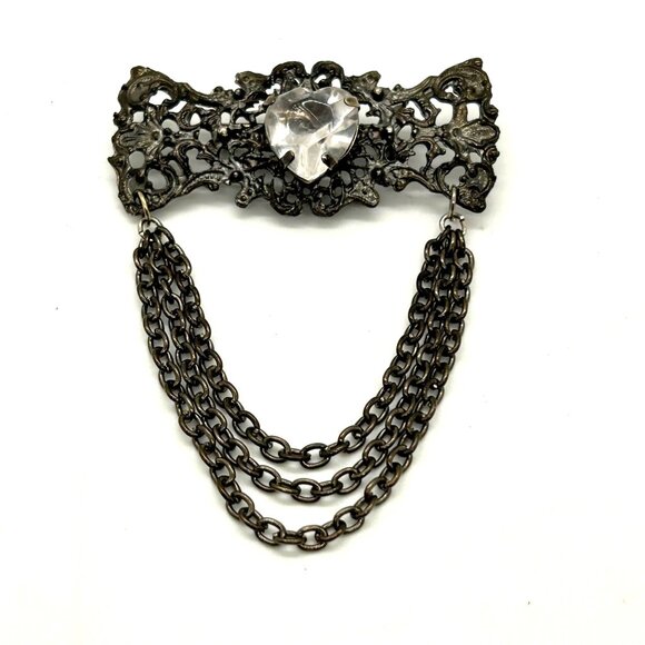 Gothic Gunmetal Brutalist Brooch With Acrylic Heart & Triple Chain Accent - Picture 1 of 9